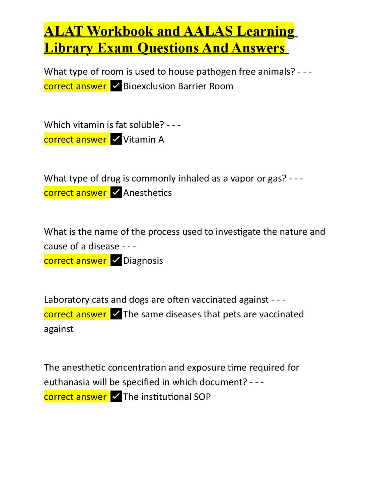 ALAT Workbook and AALAS Learning Library Exam Questions And Answers ...