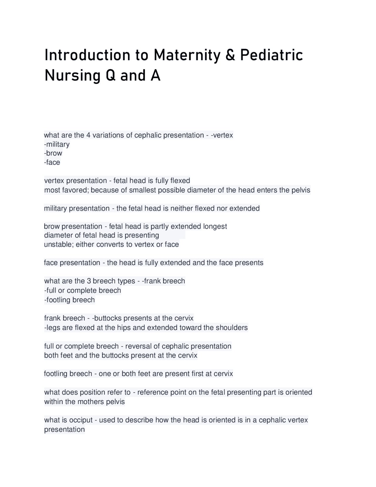 Introduction to Maternity & Pediatric Nursing Q and A | Exams Nursing ...
