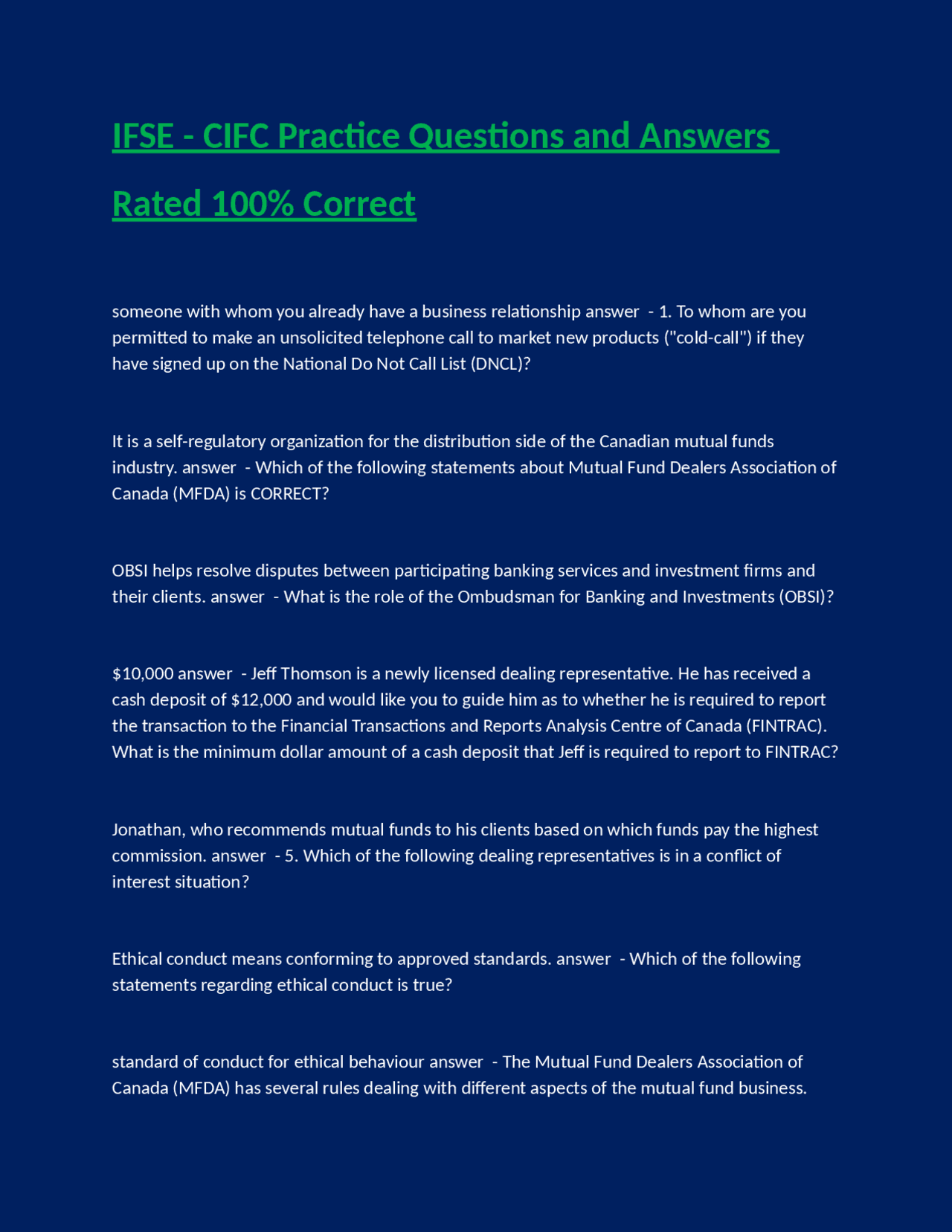IFSE - CIFC Practice Questions and Answers Rated 100% Correct | Exams ...