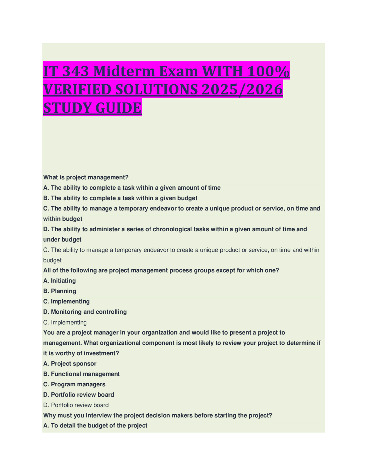 IT 343 Midterm Exam WITH 100% VERIFIED SOLUTIONS 2025/2026 STUDY GUIDE ...