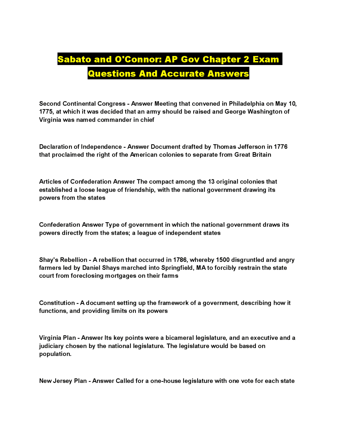 Sabato and O'Connor AP Gov Chapter 2 Exam Questions And Accurate ...