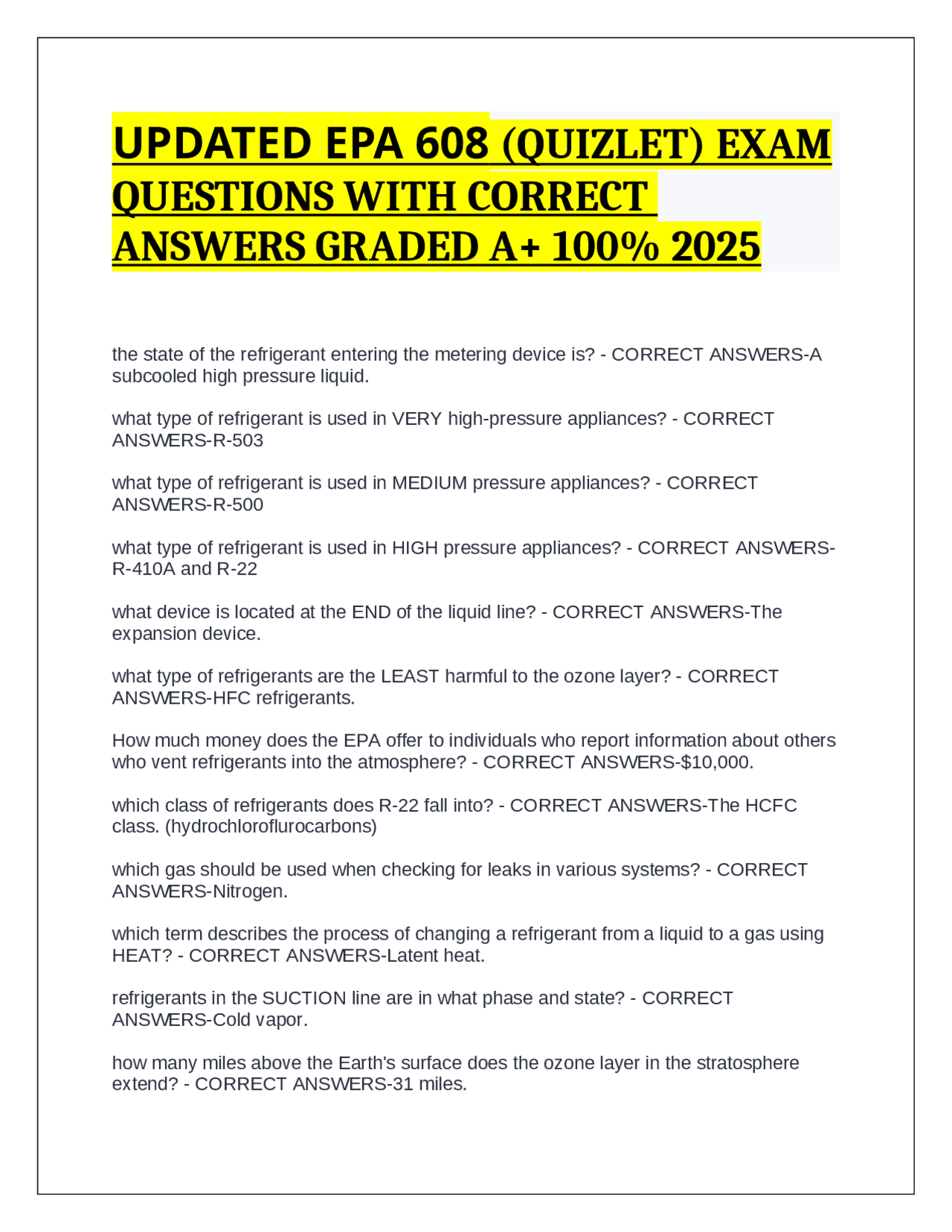 UPDATED EPA 608 (QUIZLET) EXAM QUESTIONS WITH CORRECT ANSWERS GRADED A+ ...