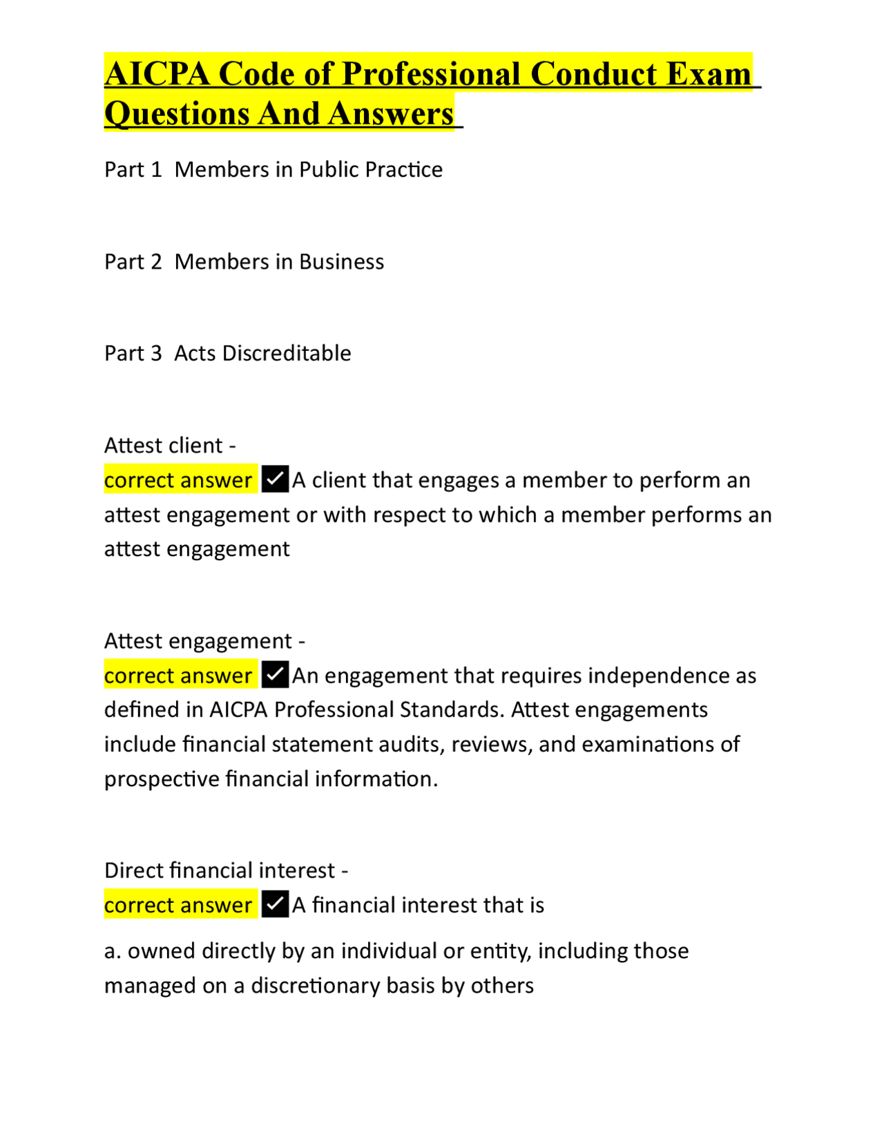 AICPA Code of Professional Conduct Exam Questions And Answers | Exams ...