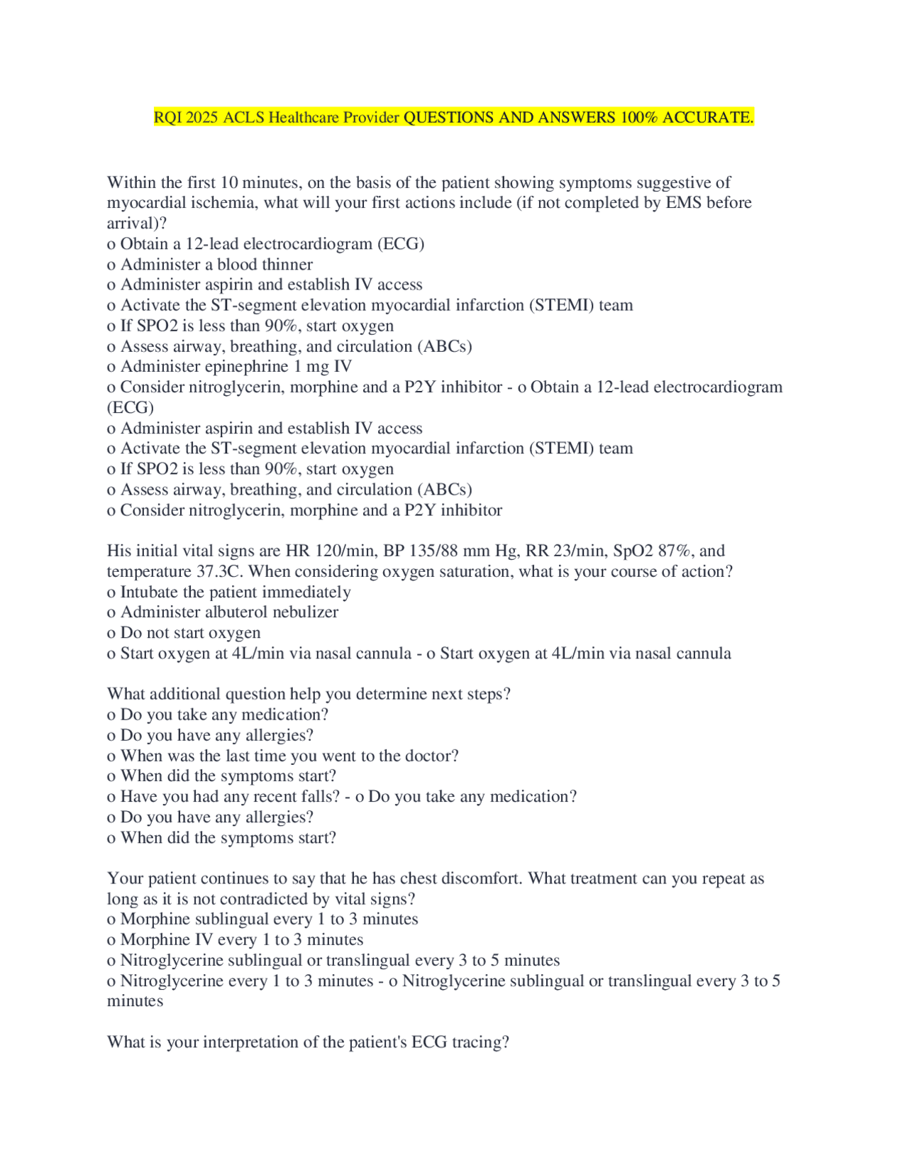 Cpr Rqi Questions RQI 2025 ACLS Healthcare Provider QUESTIONS AND ANSWERS 100% ACCURATE ...