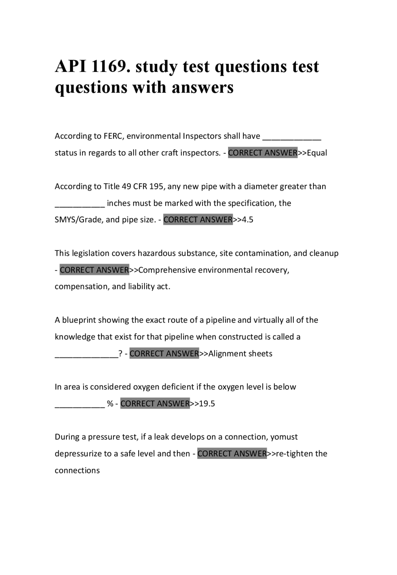 API 1169. study test questions test questions with answers Exams