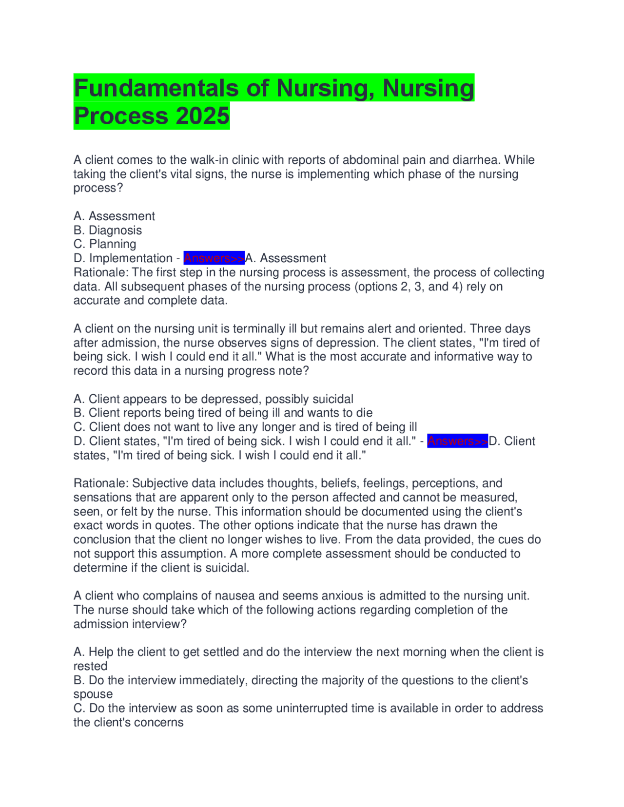 Fundamentals of Nursing, Nursing Process 2025 | Exams Nursing | Docsity