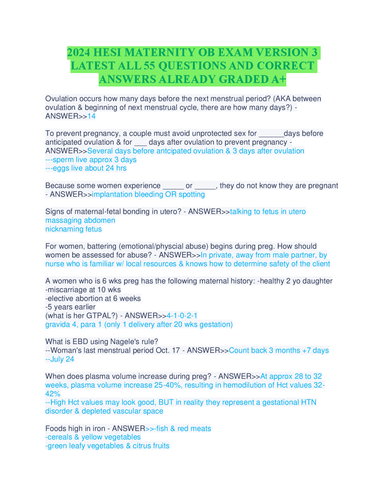 2024 HESI MATERNITY OB EXAM VERSION 3 LATEST ALL 55 QUESTIONS AND ...