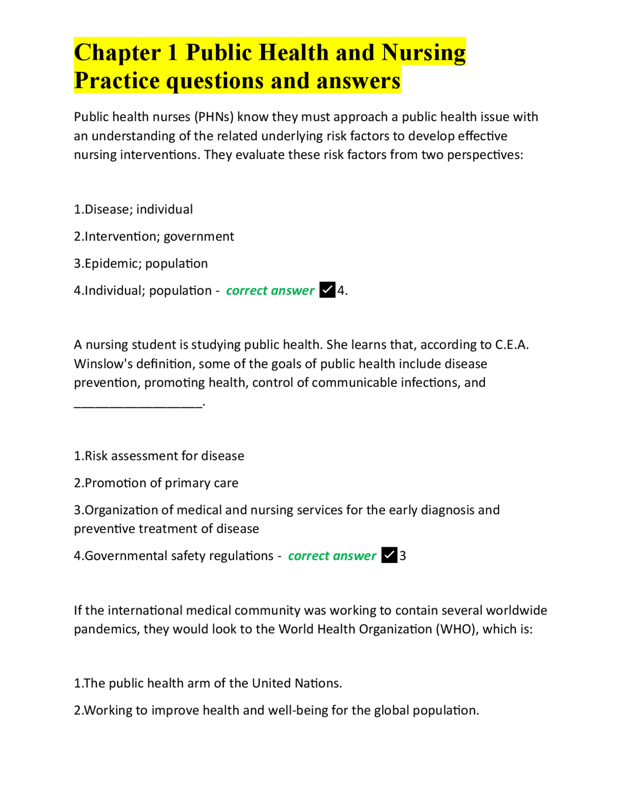 Chapter 1 Public Health and Nursing Practice questions and answers ...