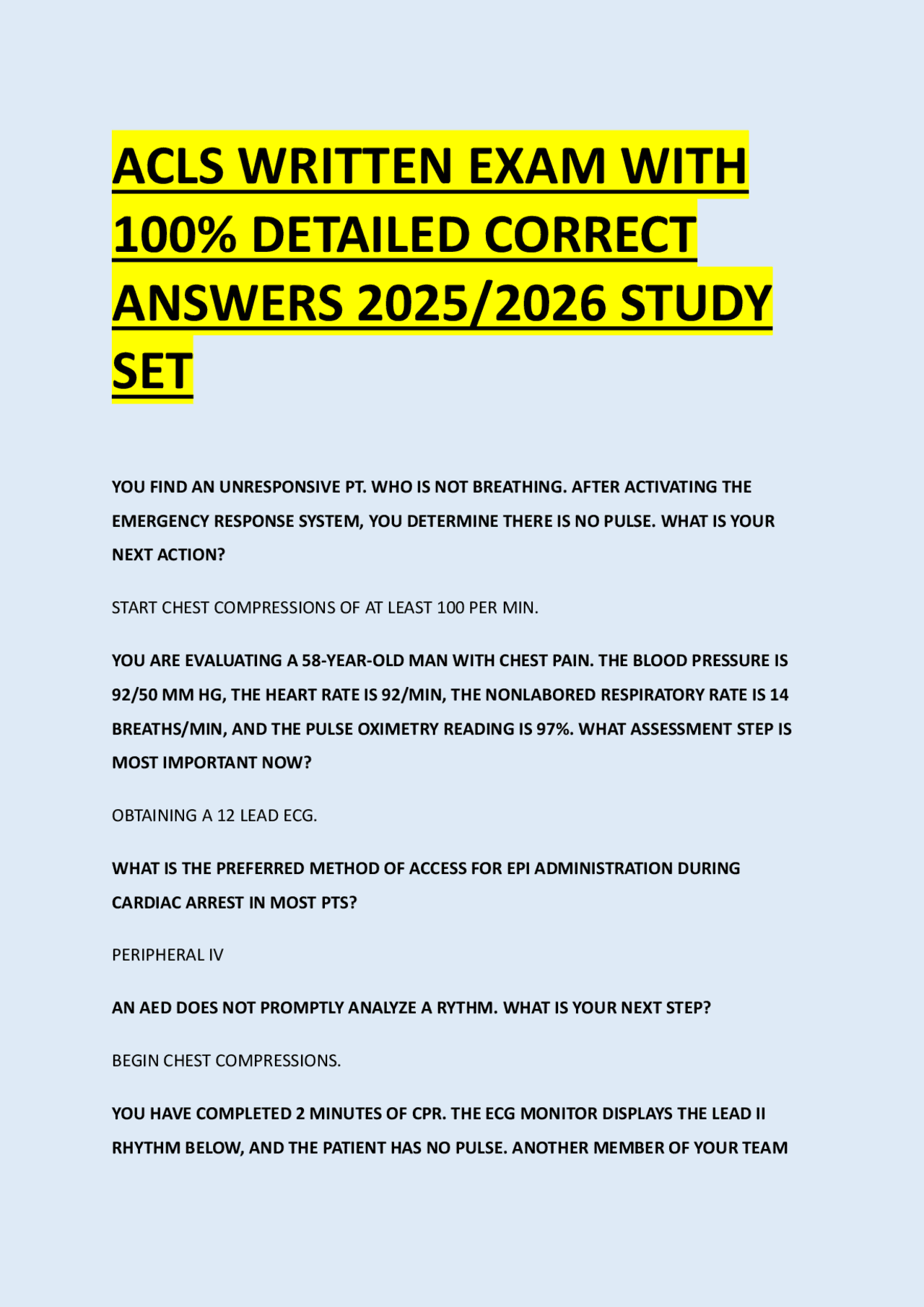 ACLS WRITTEN EXAM WITH 100% DETAILED CORRECT ANSWERS 2025/2026 STUDY ...