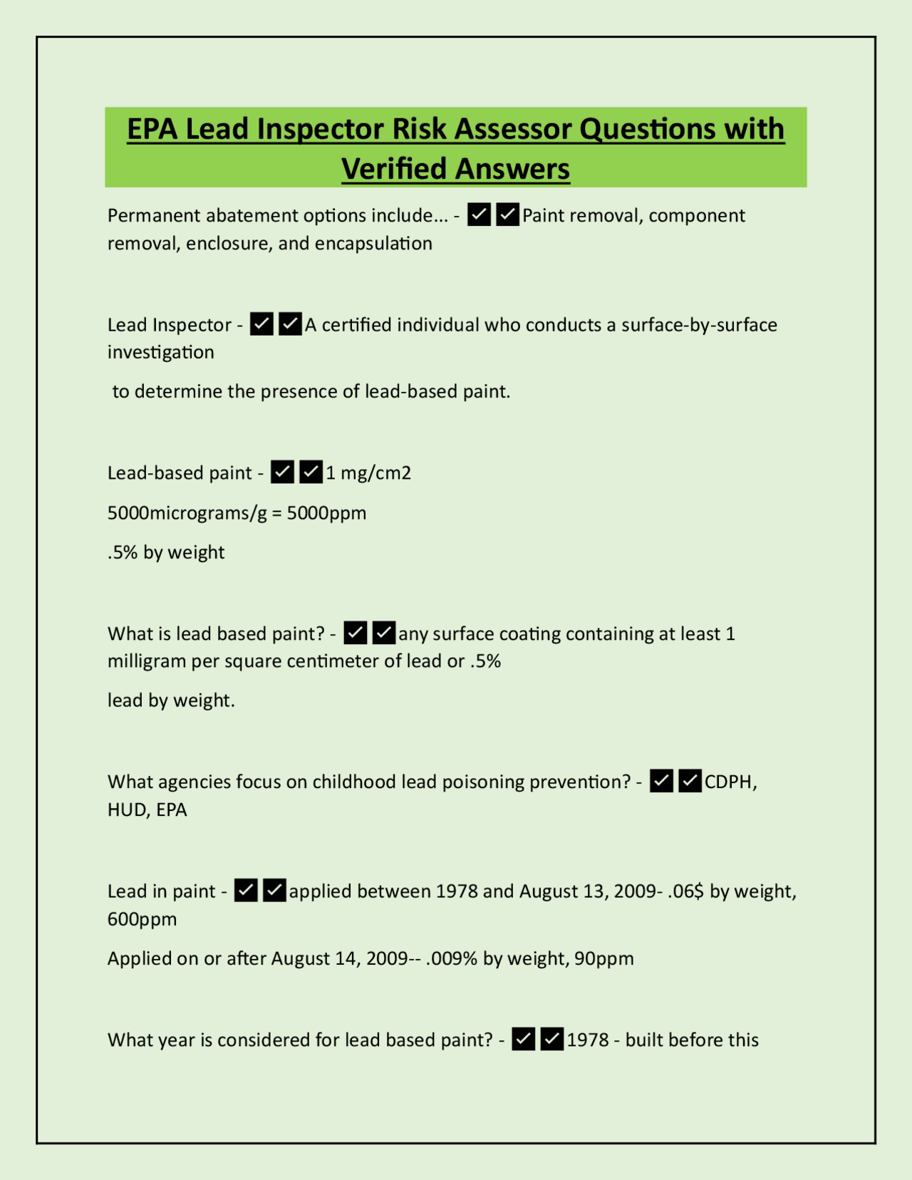 EPA Lead Inspector & Risk Assessor Exam Q&A | Exams Nursing | Docsity