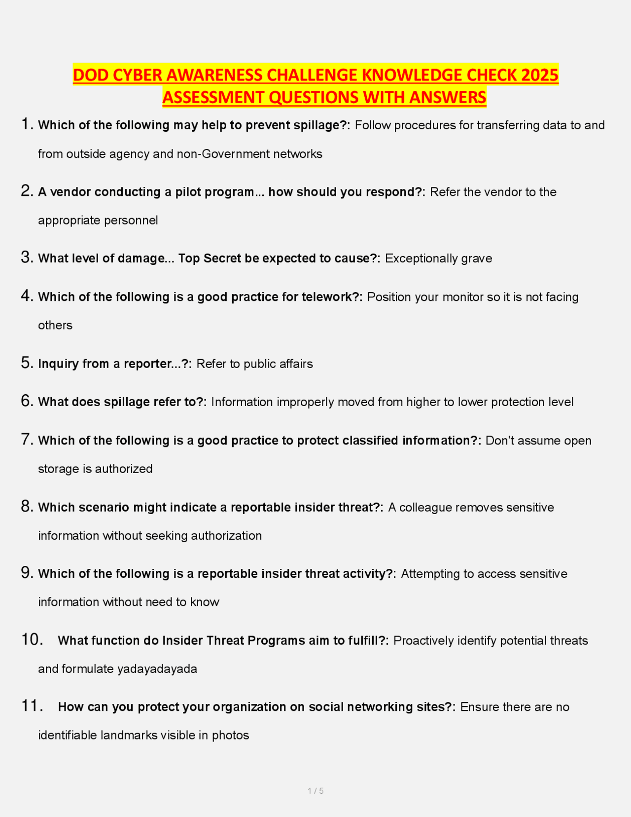 DOD CYBER AWARENESS CHALLENGE KNOWLEDGE CHECK 2025 ASSESSMENT QUESTIONS ...
