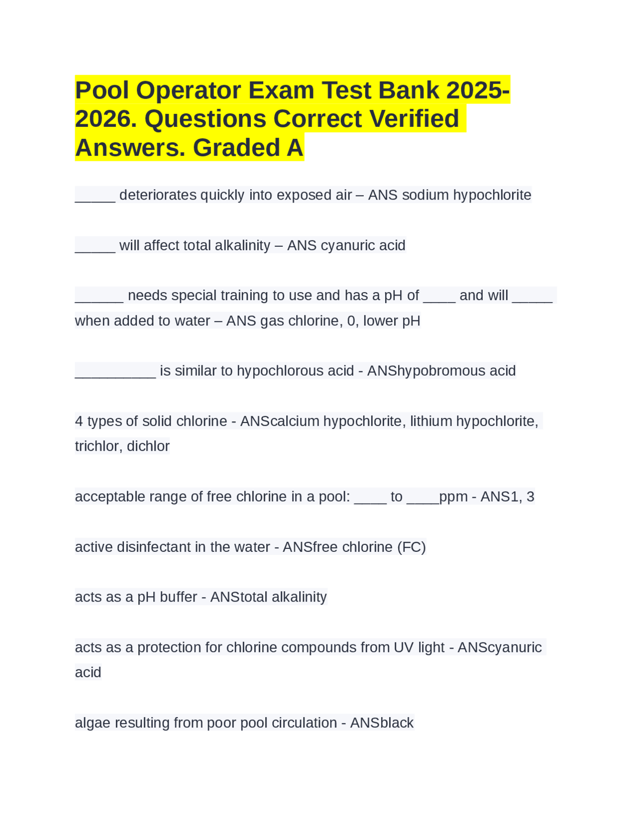 Pool Operator Exam Test Bank 2025-2026. Questions Correct Verified ...