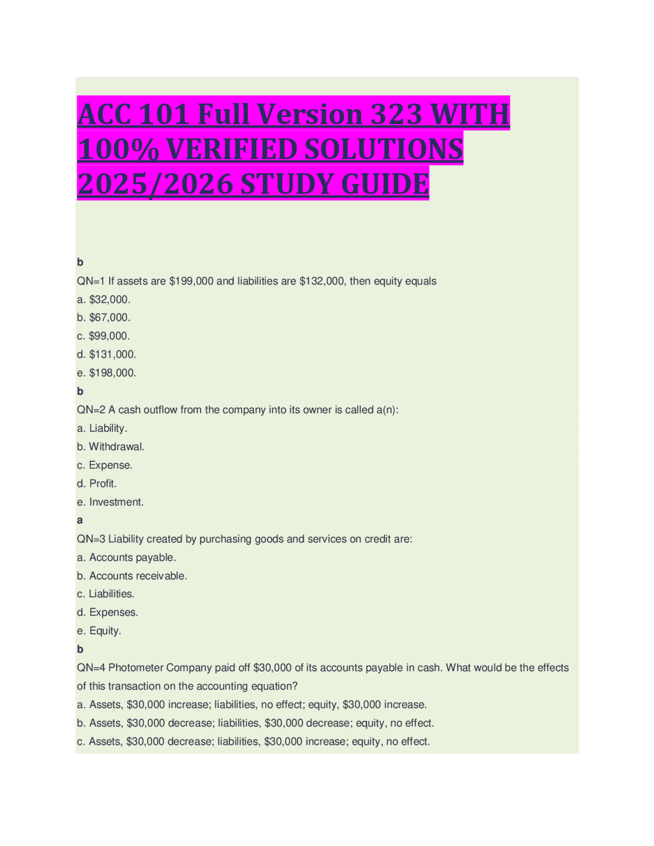 ACC 101 Full Version 323 WITH 100% VERIFIED SOLUTIONS 2025/2026 STUDY ...