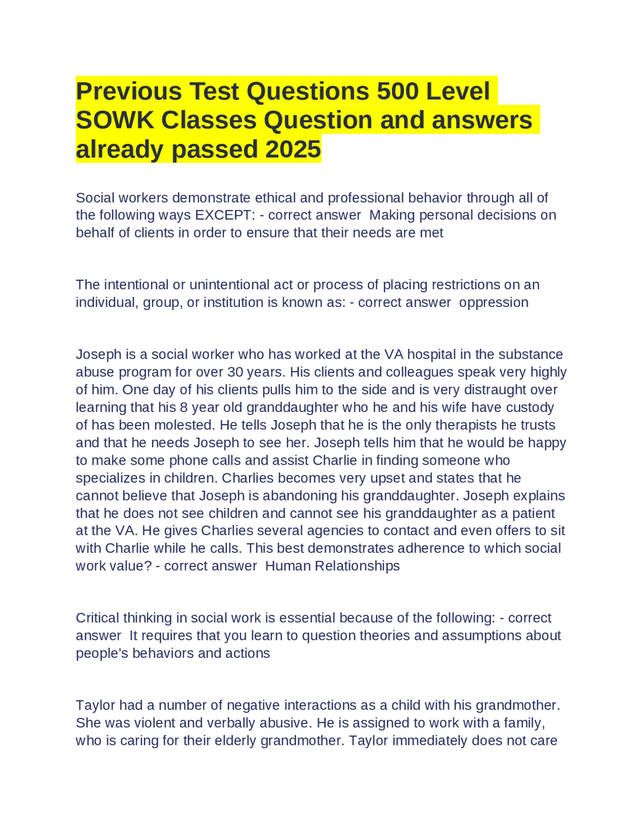 Previous Test Questions 500 Level SOWK Classes Question and answers ...