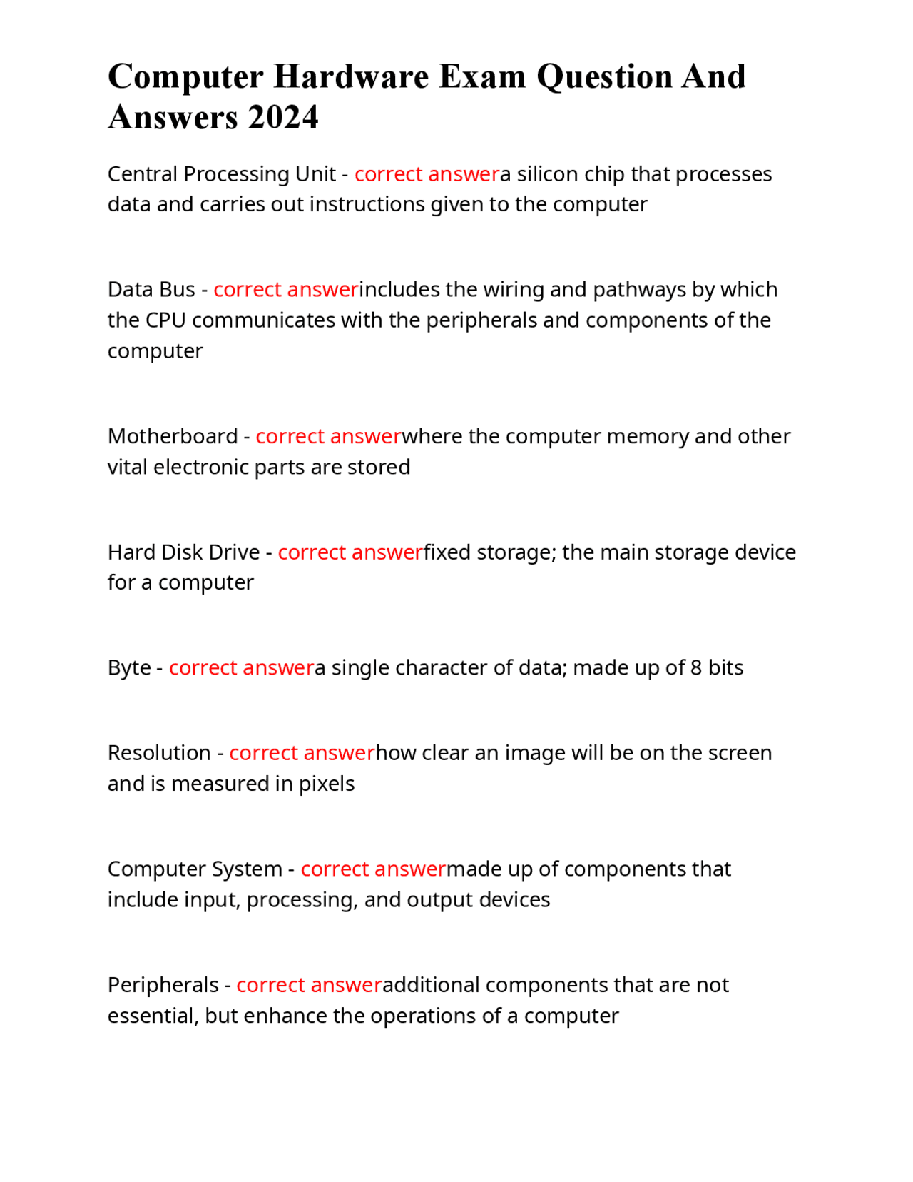 Computer Hardware Exam Q&A: Key Components & Definitions | Exams ...