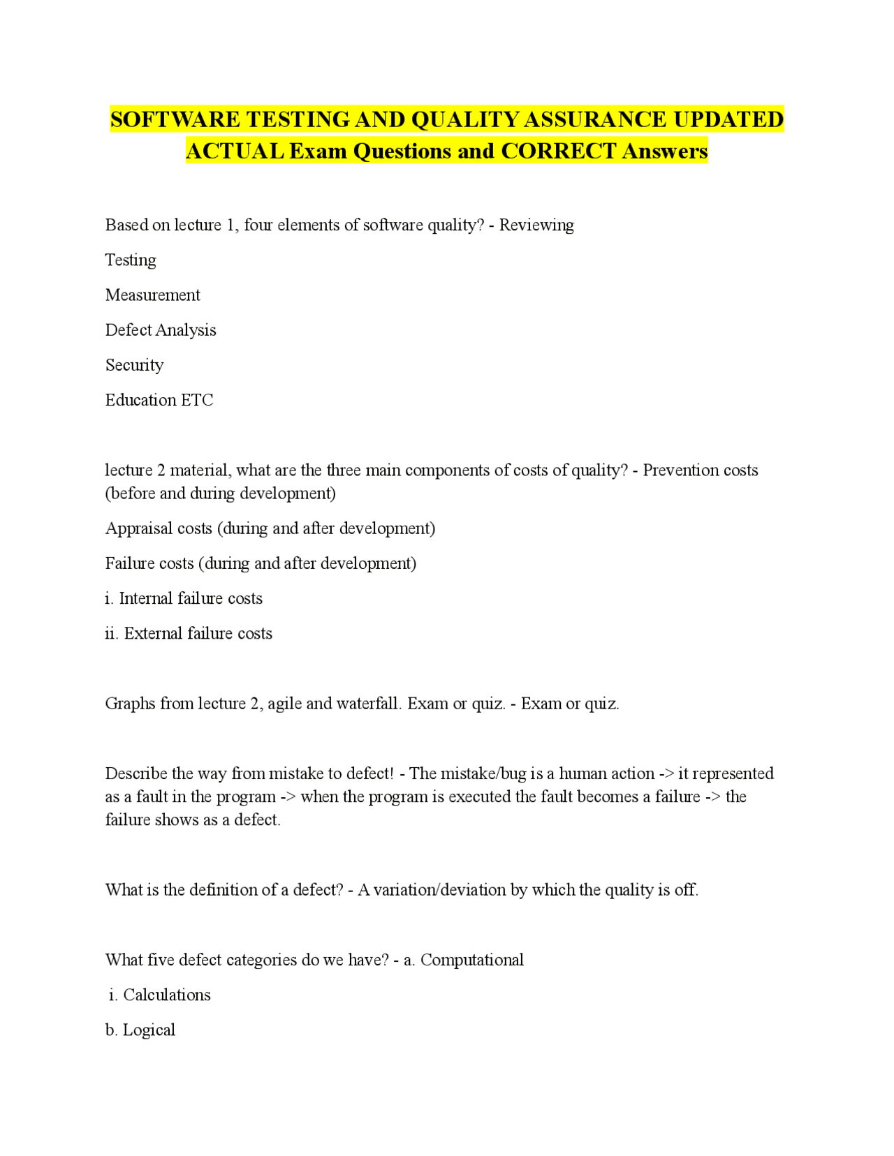 SOFTWARE TESTING AND QUALITY ASSURANCE UPDATED ACTUAL Exam Questions ...