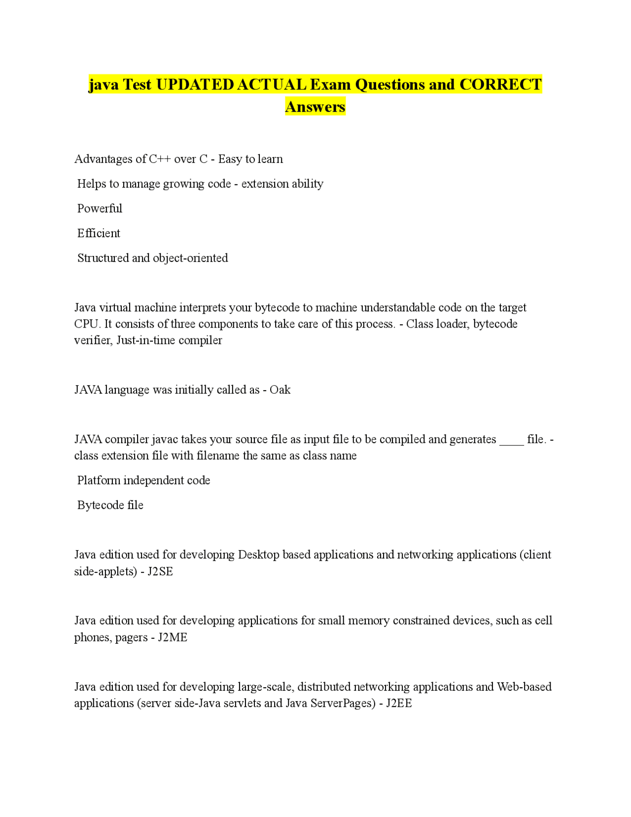 java Test UPDATED ACTUAL Exam Questions and CORRECT Answers | Exams ...