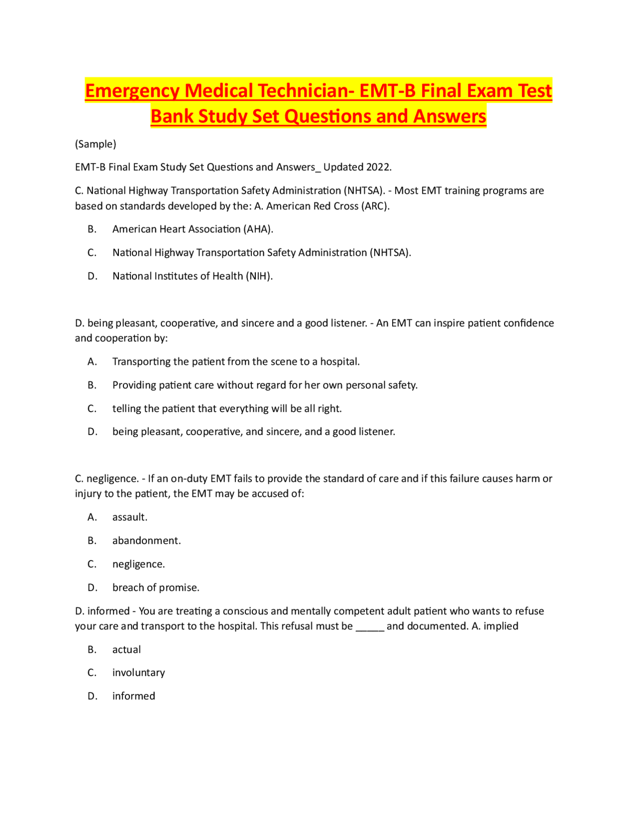 Emergency Medical Technician- EMT-B Final Exam Test Bank Study Set ...
