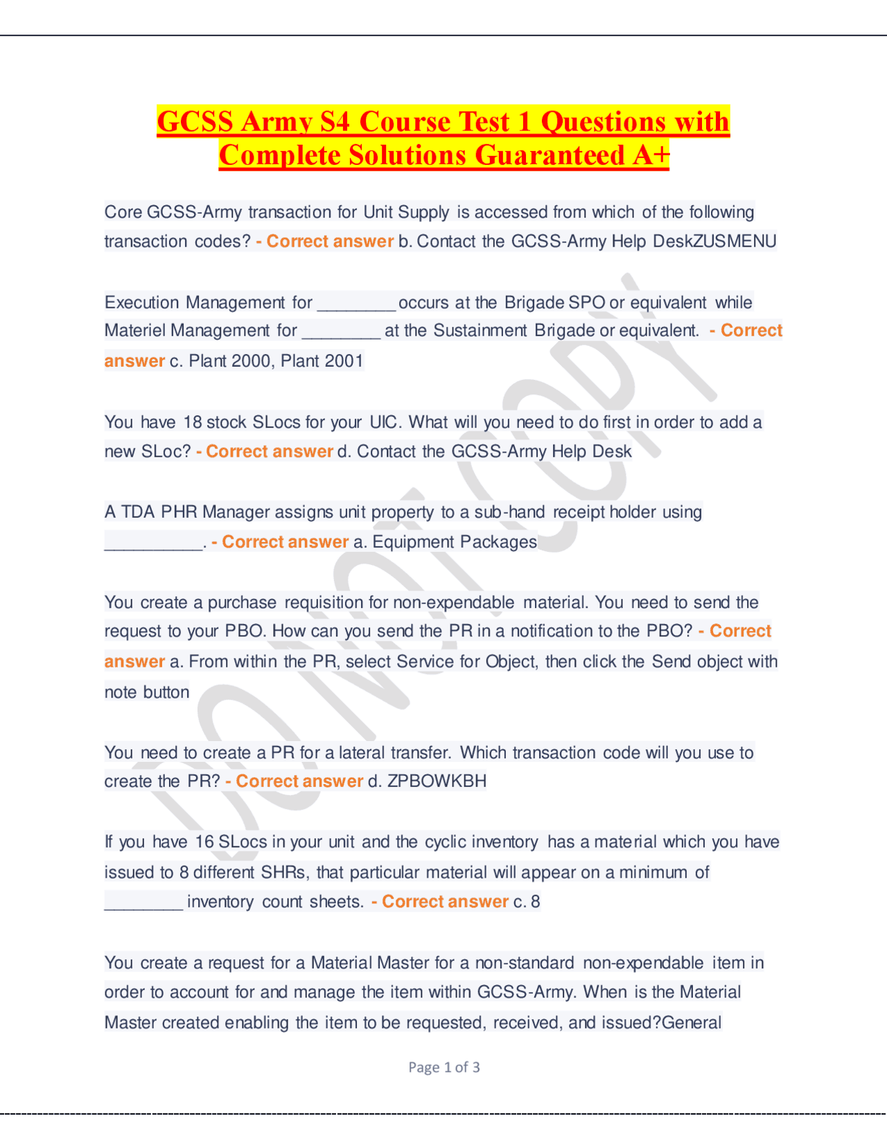 GCSS Army S4 Course Test 1 Questions with Complete Solutions Guaranteed ...