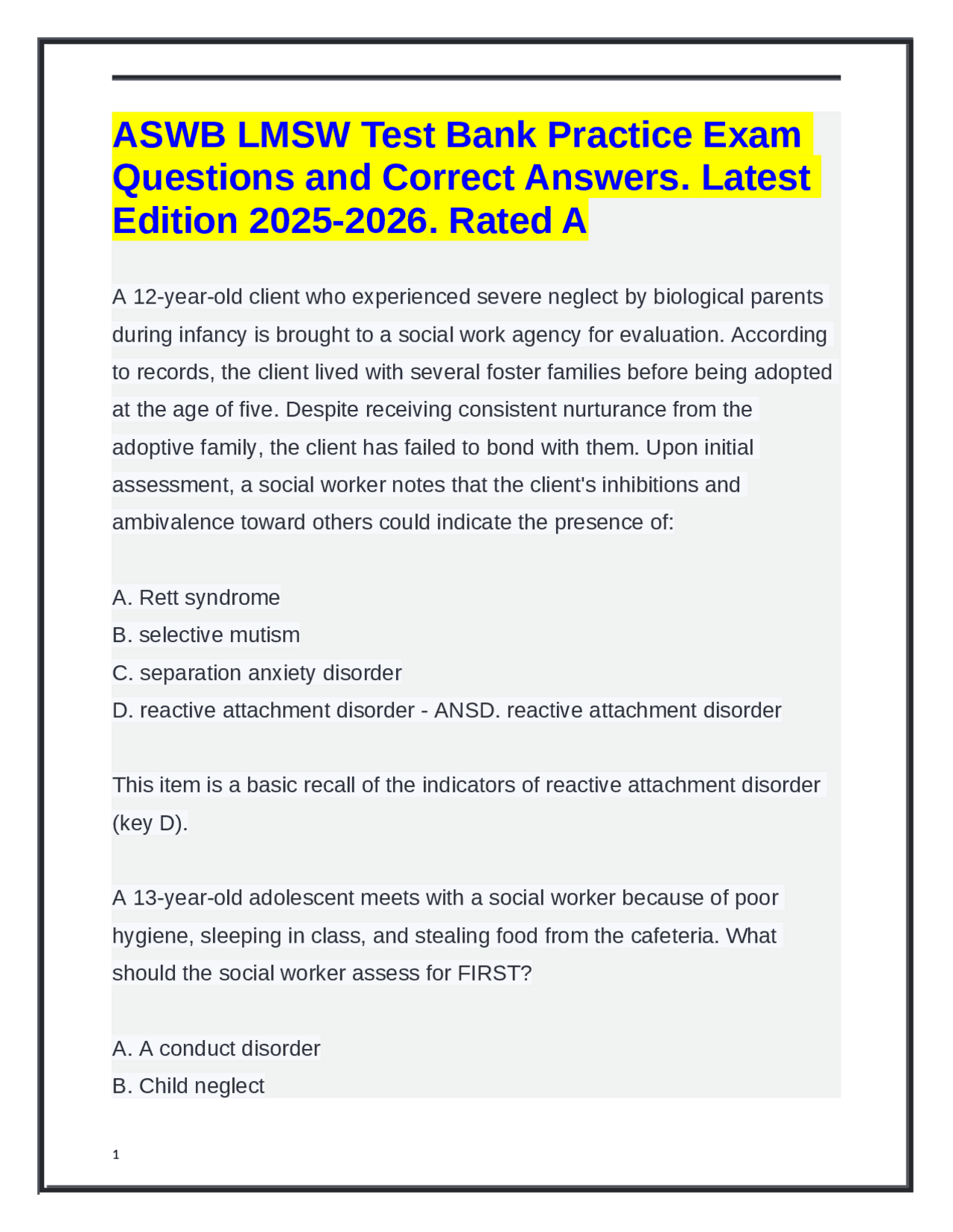 ASWB LMSW Test Bank Practice Exam Questions and Correct Answers. Latest ...