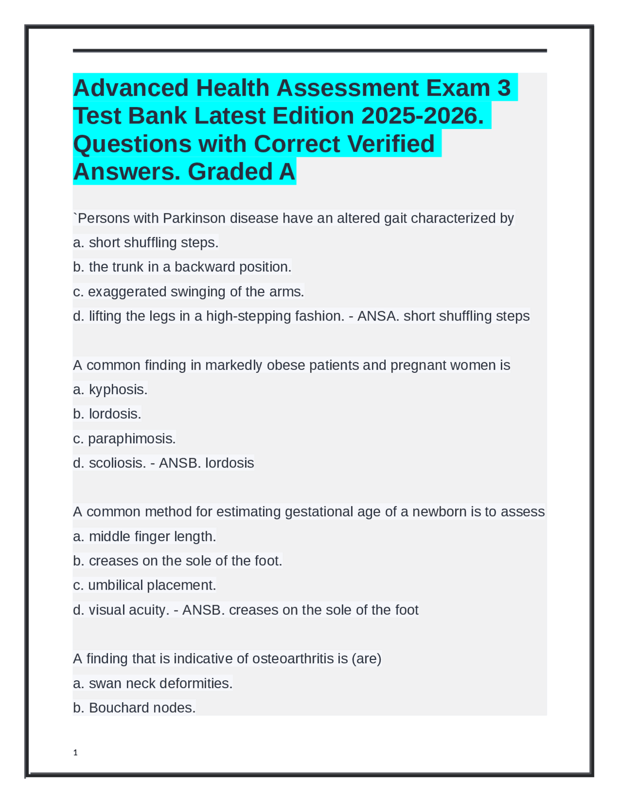 Advanced Health Assessment Exam 3 Test Bank Latest Edition 2025-2026 ...