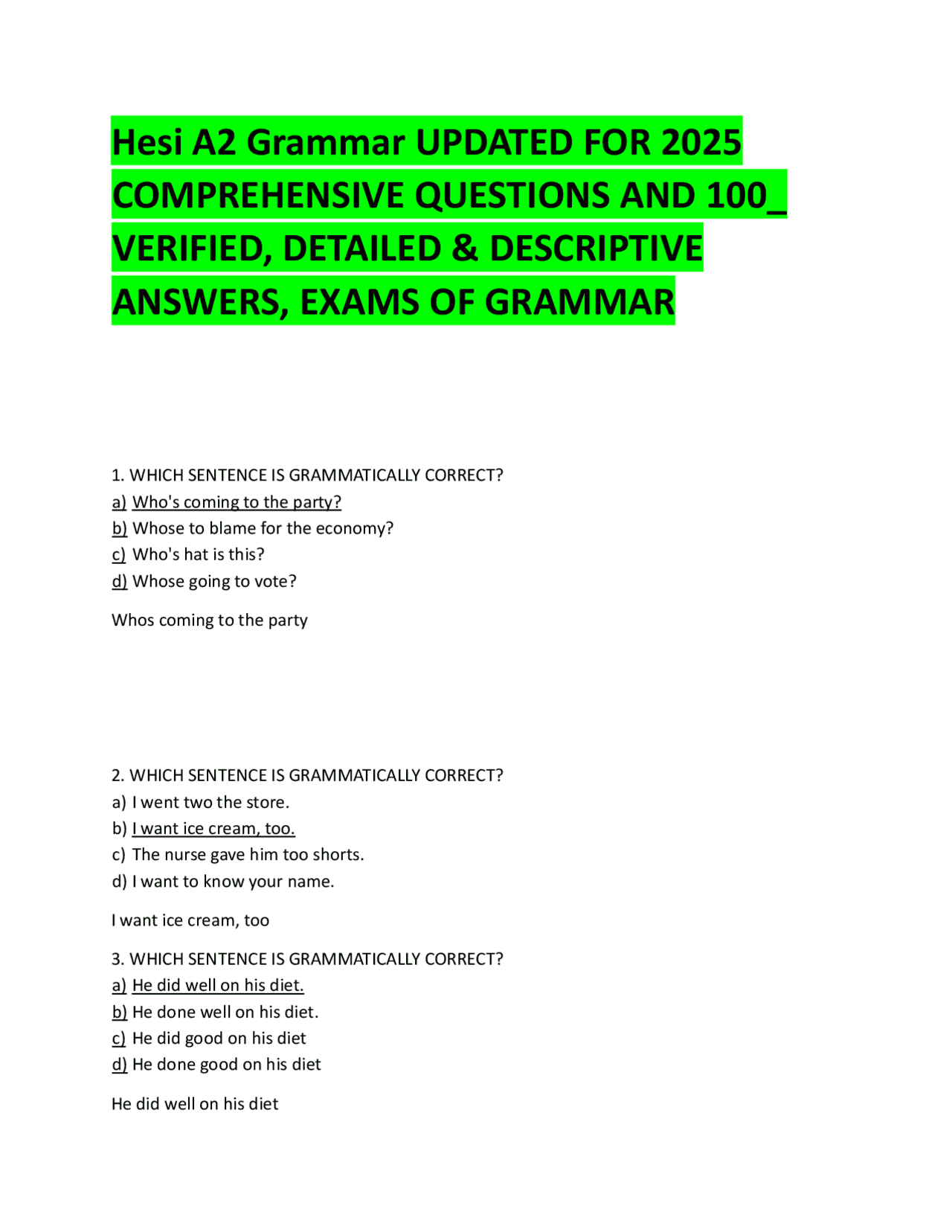 Hesi A2 Grammar UPDATED FOR 2025 COMPREHENSIVE QUESTIONS AND 100 ...