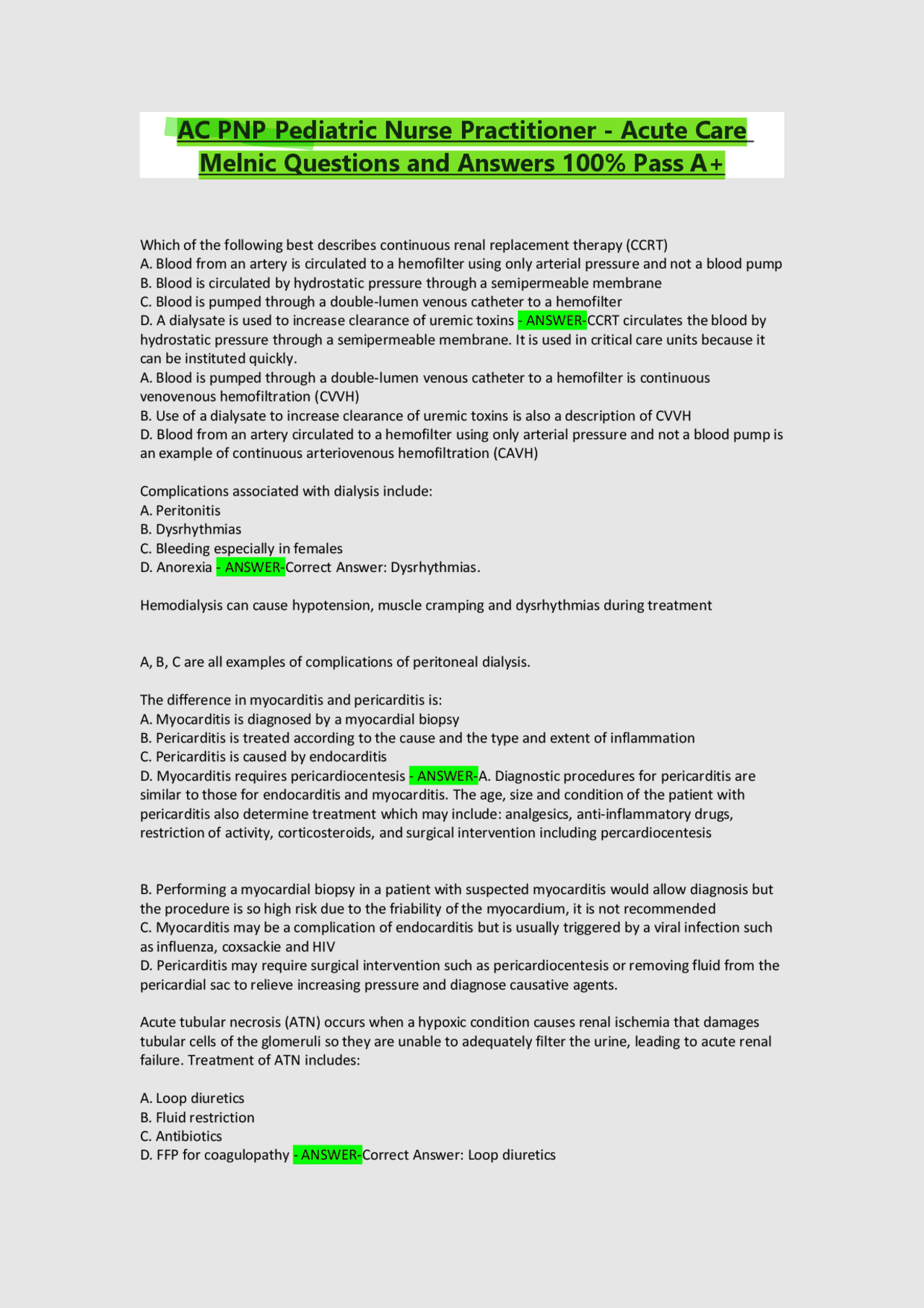 AC PNP Pediatric Nurse Practitioner - Acute Care: Q&amp;A | Exams Advanced Education | Docsity