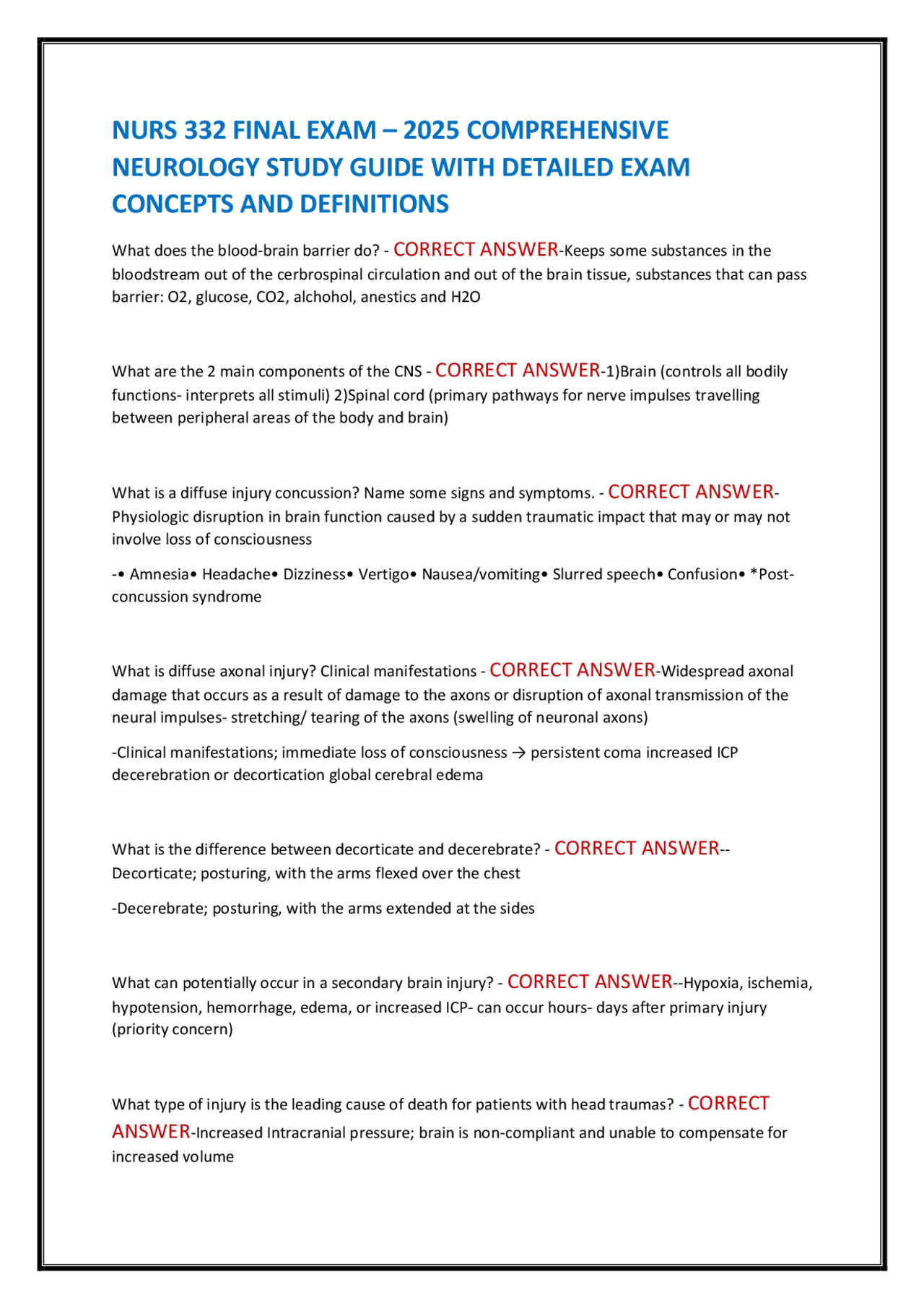 NURS 332 FINAL EXAM – 2025 COMPREHENSIVE NEUROLOGY STUDY GUIDE WITH ...
