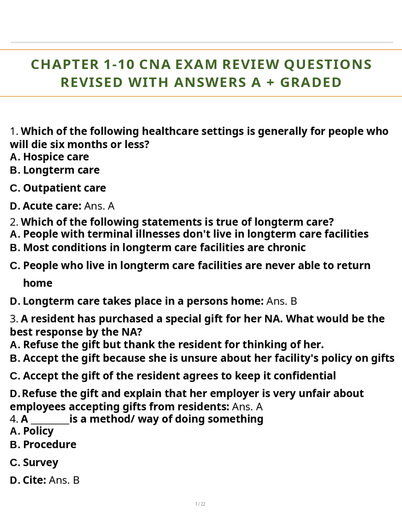 CHAPTER 1-10 CNA EXAM REVIEW QUESTIONS REVISED WITH ANSWERS A + GRADED ...