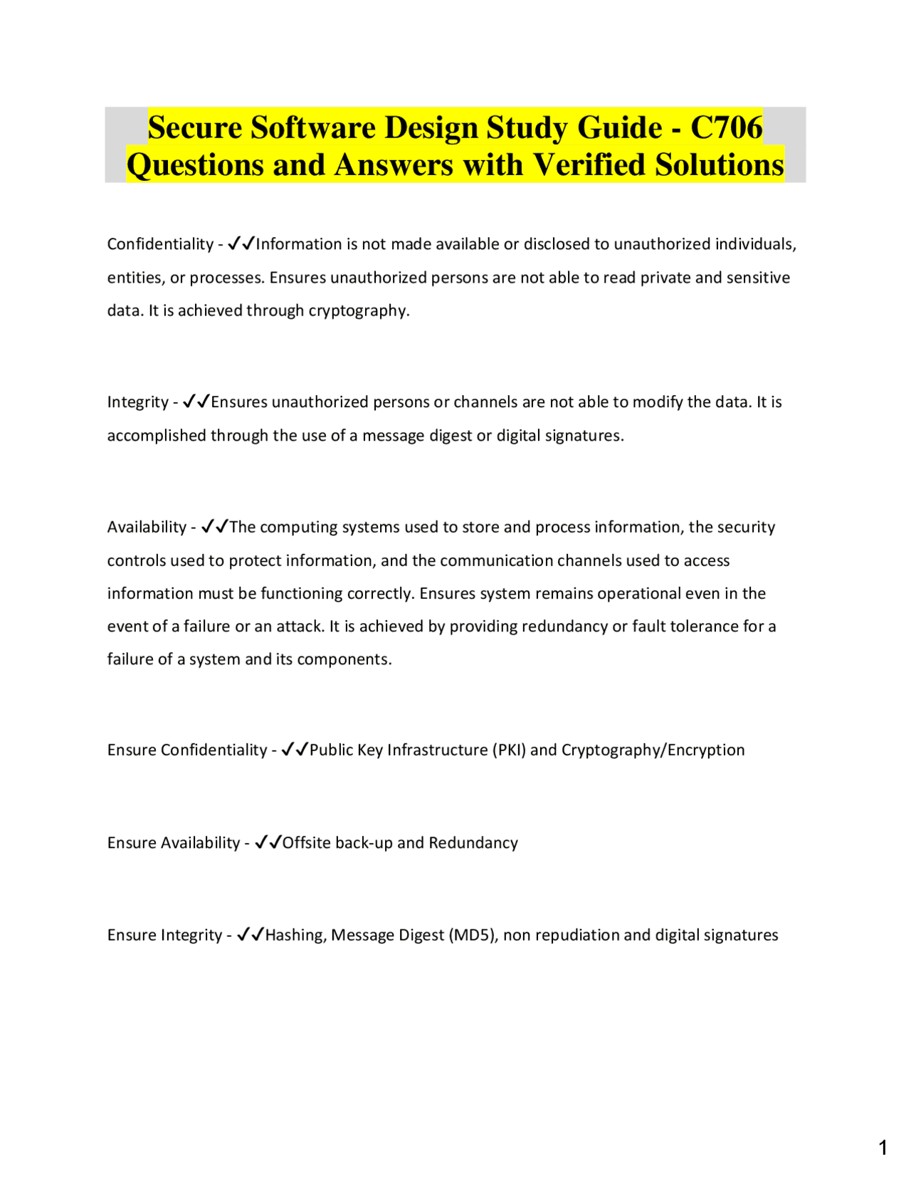 Secure Software Design Study Guide - C706 Questions and Answers with ...