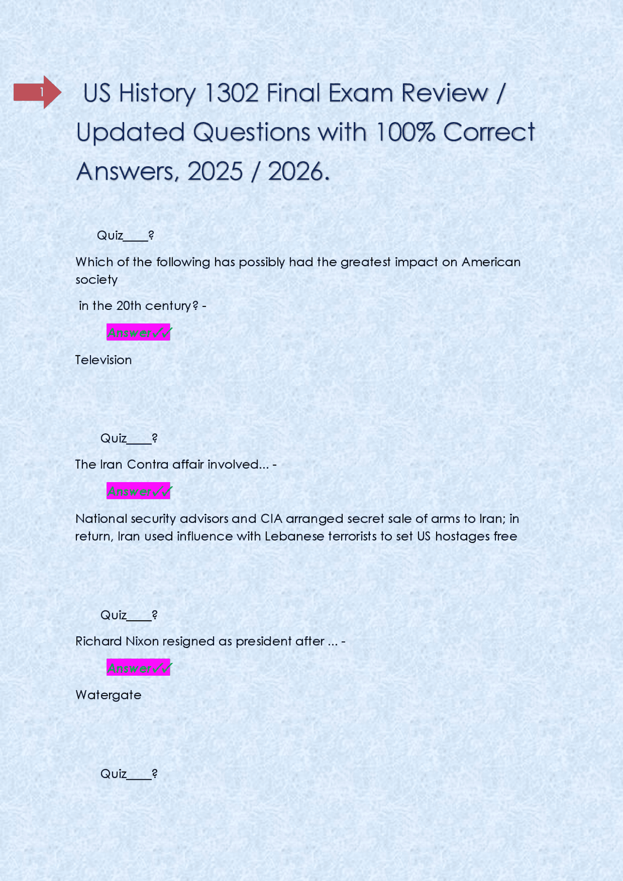 US History 1302 Final Exam Review / Updated Questions with 100% Correct ...