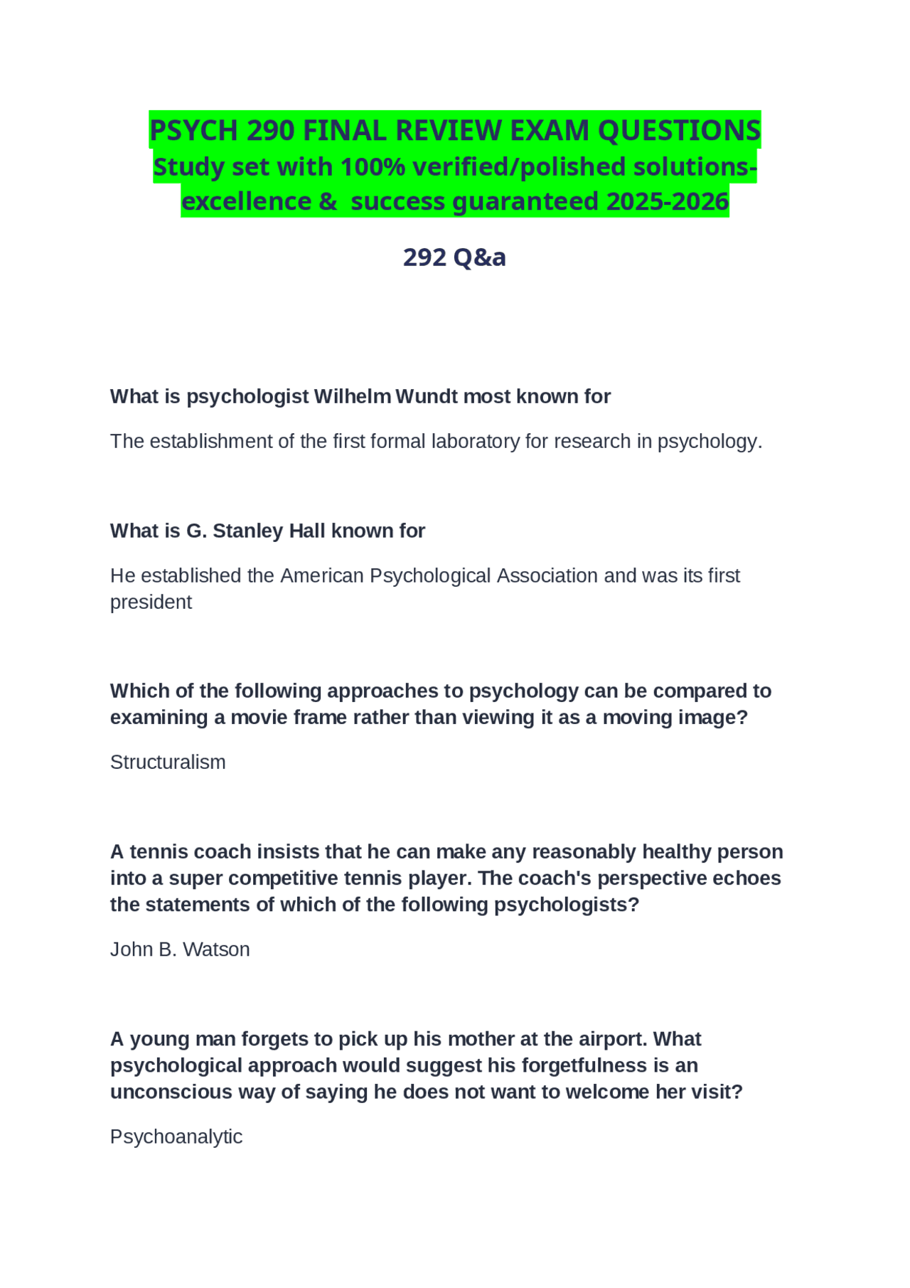 PSYCH 290 FINAL REVIEW EXAM QUESTIONS Study set with 100% verified ...