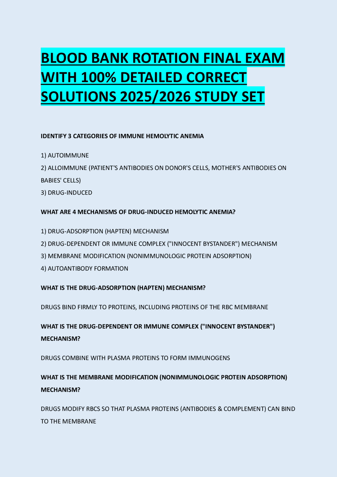 BLOOD BANK ROTATION FINAL EXAM WITH 100% DETAILED CORRECT SOLUTIONS ...