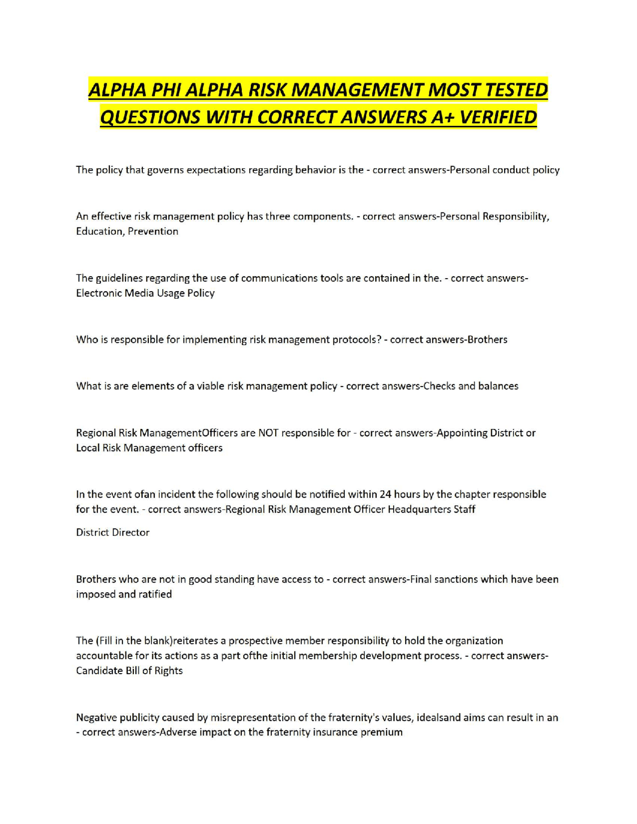 Alpha Risk Management Llc ALPHA PHI ALPHA RISK MANAGEMENT MOST TESTED QUESTIONS WITH CORRECT ...