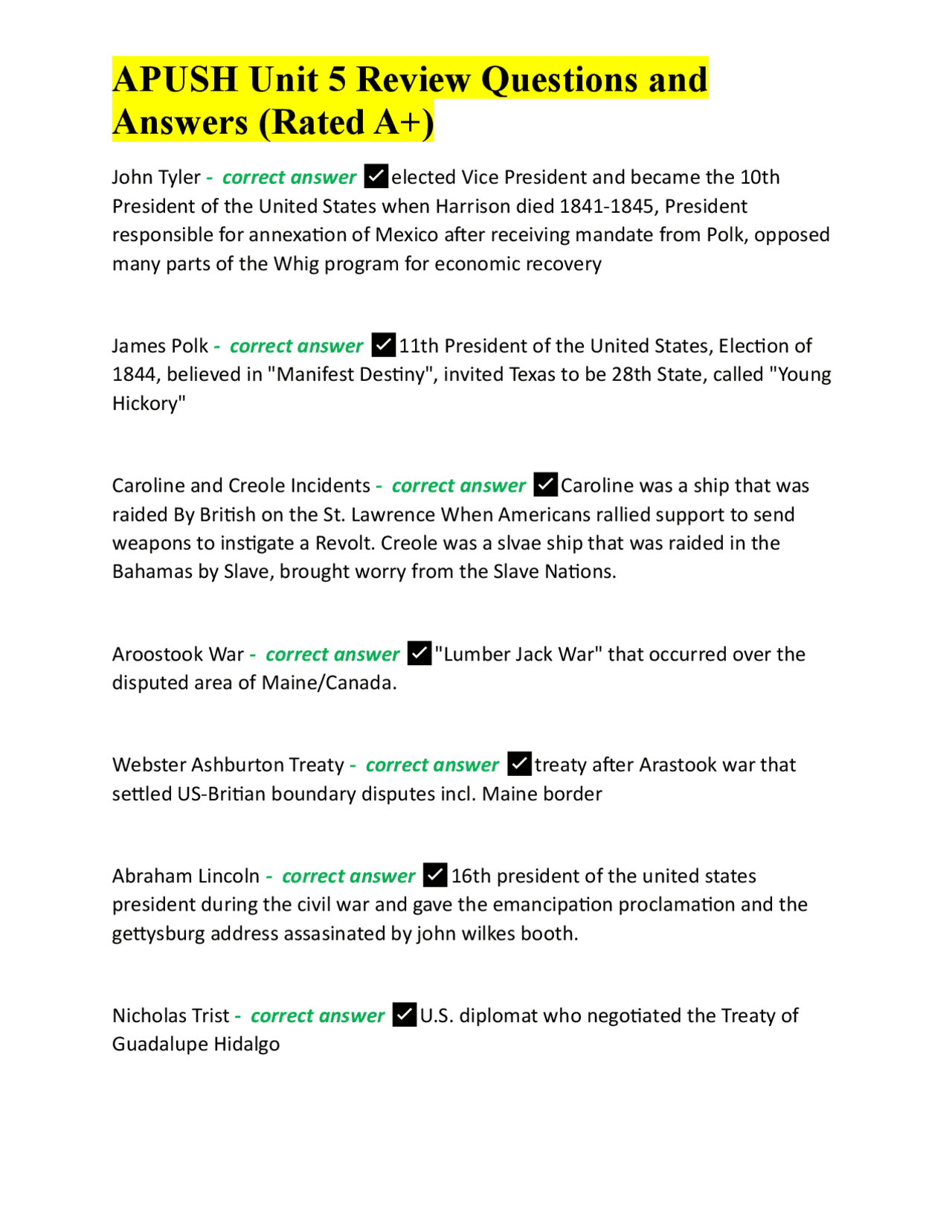 APUSH Unit 5 Review: Key Events and Figures 1840s-1860s | Exams Advanced Education | Docsity