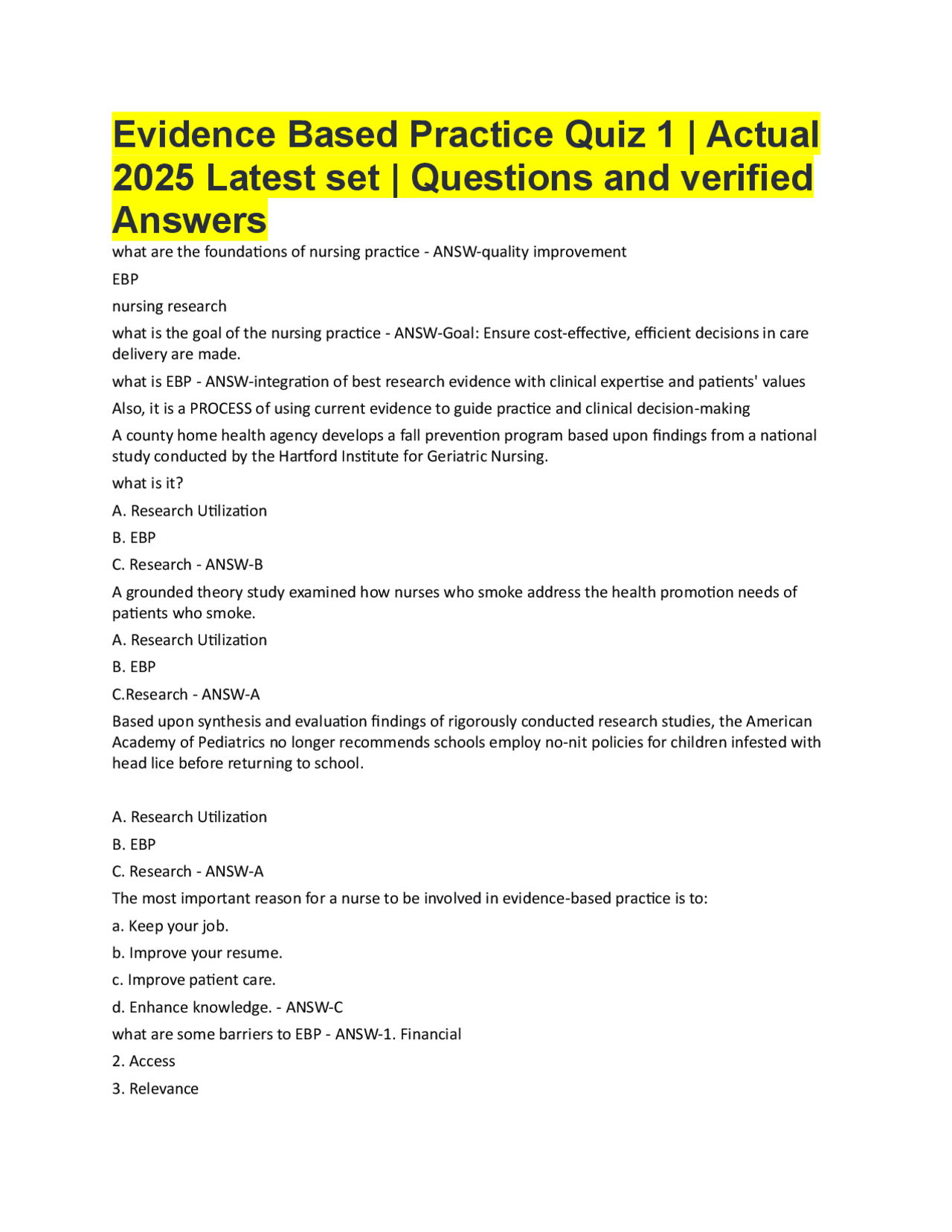 Evidence Based Practice Quiz 1 | Actual 2025 Latest set | Questions and ...