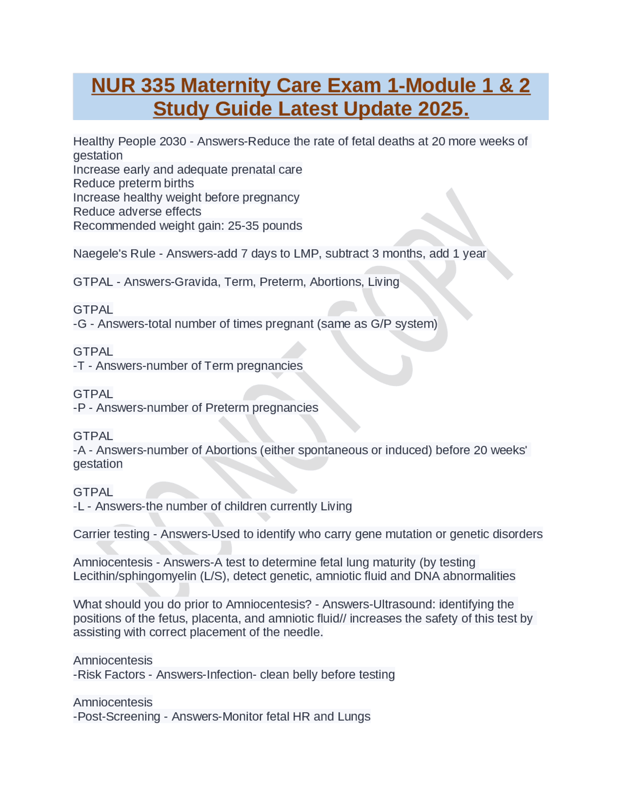 NUR 335 Maternity Care Exam 1-Module 1 & 2 Study Guide Latest Update ...