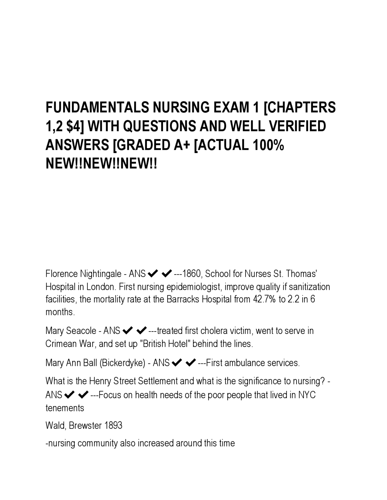 FUNDAMENTALS NURSING EXAM 1 [CHAPTERS 1,2 $4] WITH QUESTIONS AND WELL ...