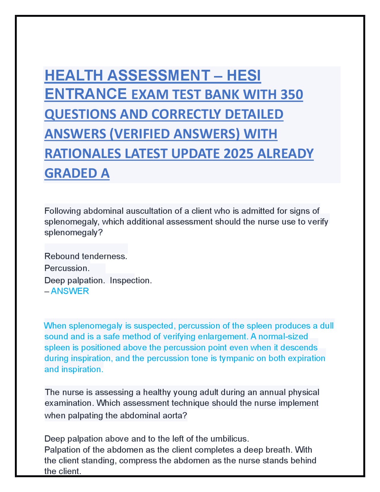HEALTH ASSESSMENT – HESI ENTRANCE EXAM TEST BANK WITH 350 QUESTIONS AND ...
