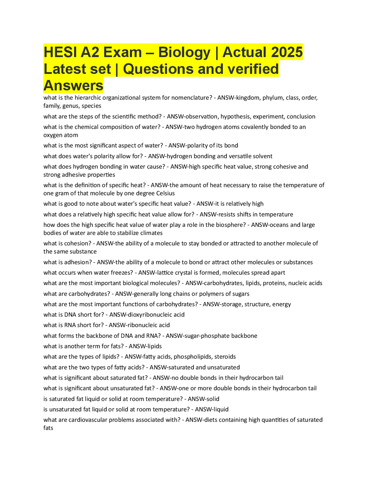 HESI A2 Exam – Biology | Actual 2025 Latest set | Questions and ...