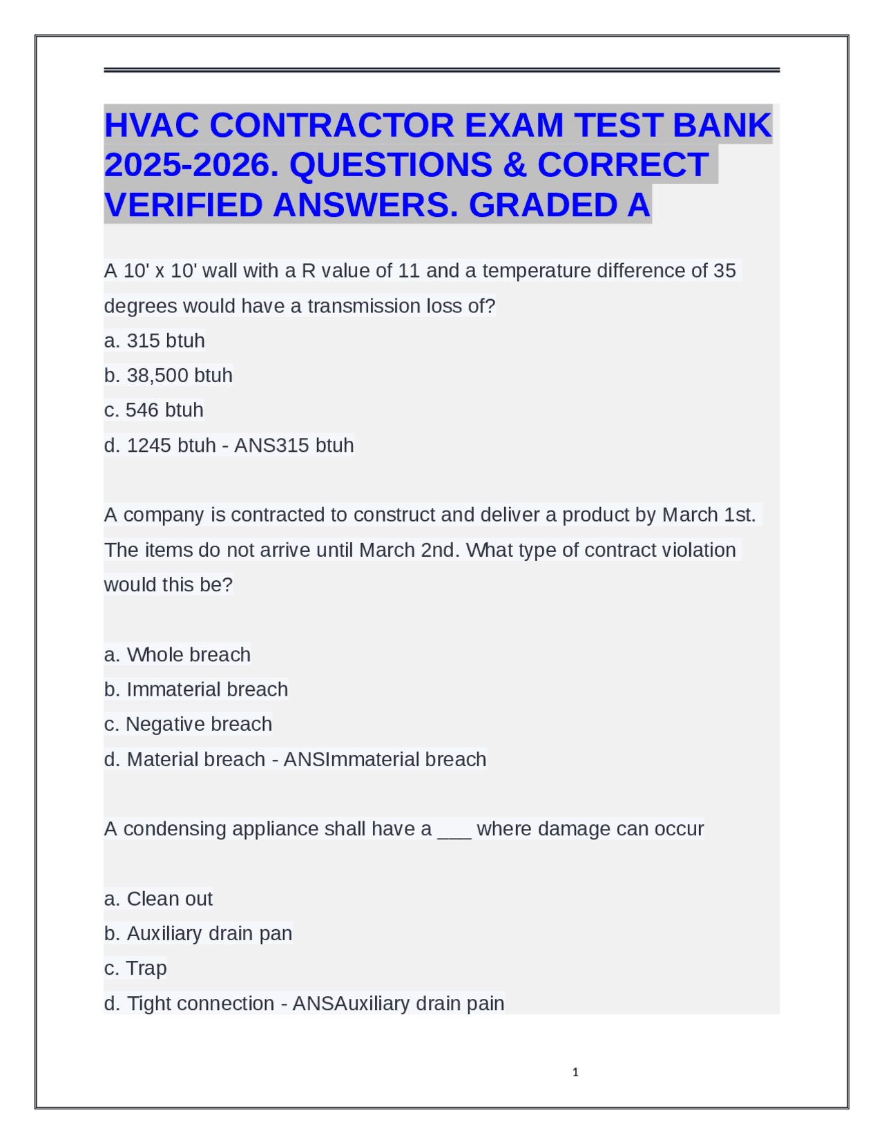 HVAC Contractor Exam Prep: 2025-2026 Questions & Verified Answers ...