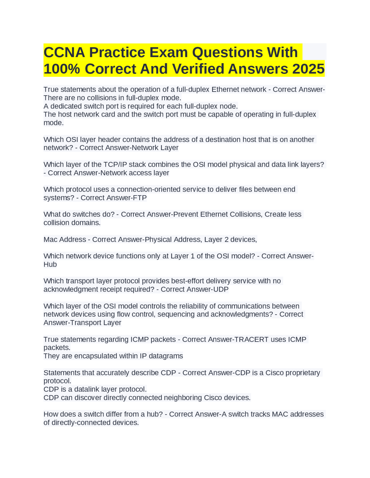 CCNA Practice Exam Questions With 100% Correct And Verified Answers ...