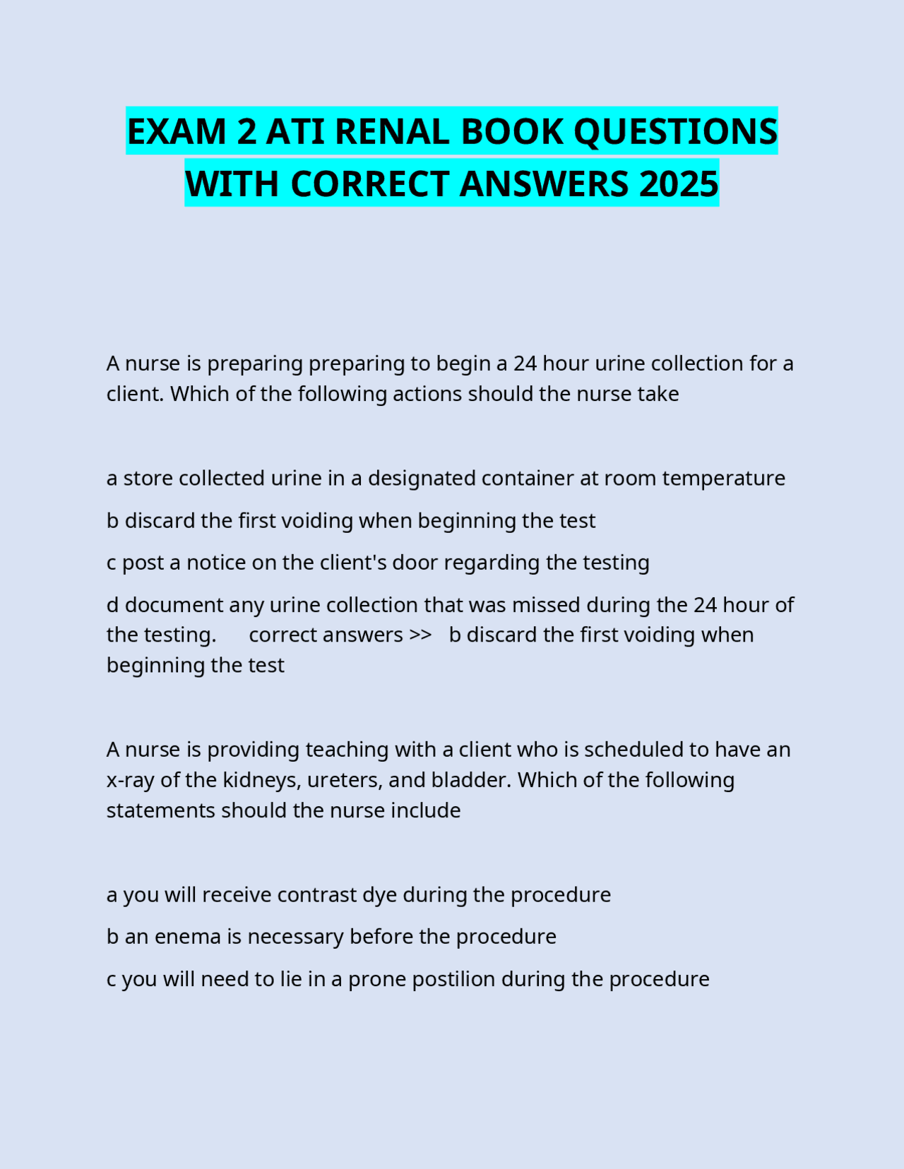 EXAM 2 ATI RENAL BOOK QUESTIONS WITH CORRECT ANSWERS 2025 | Exams ...