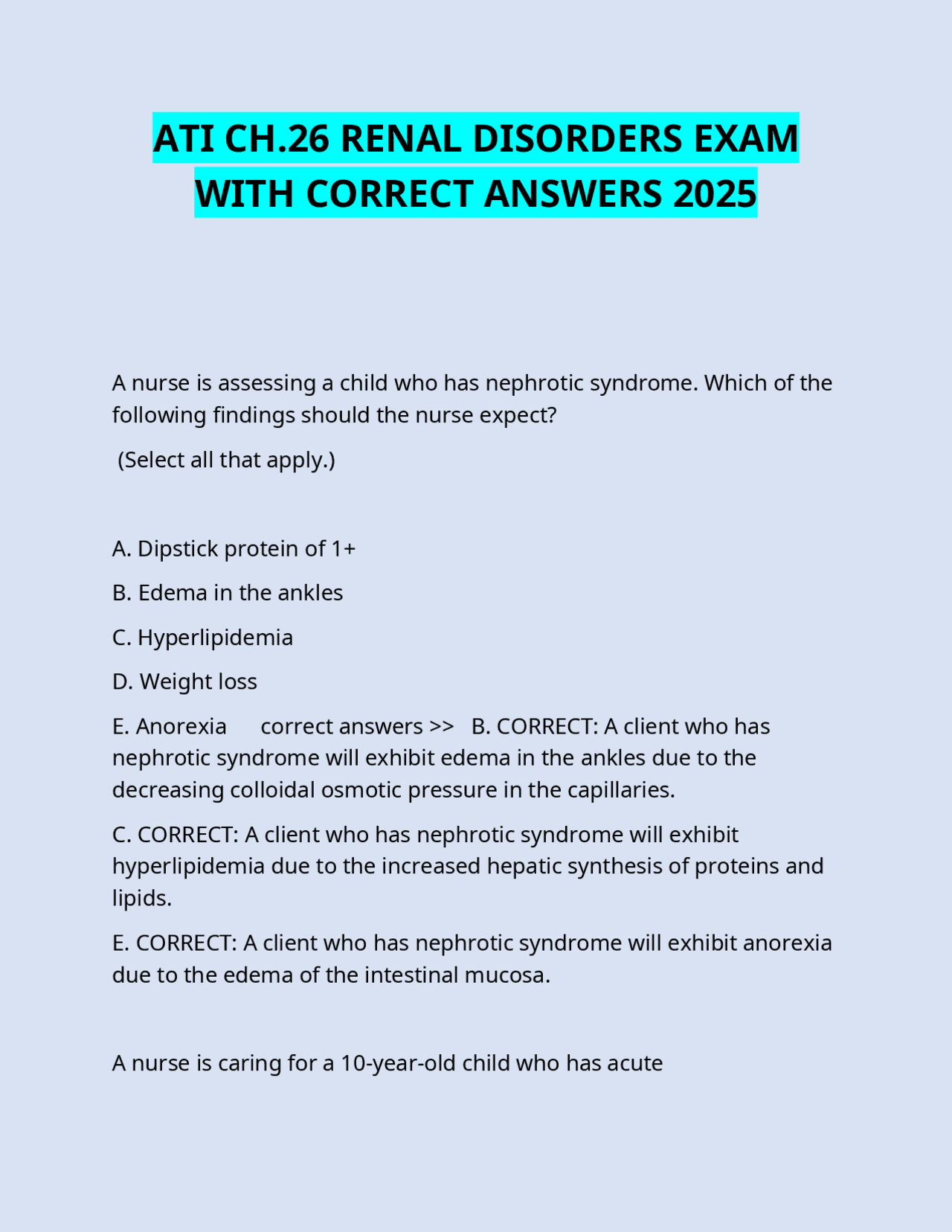 ATI CH.26 RENAL DISORDERS EXAM WITH CORRECT ANSWERS 2025 | Exams ...
