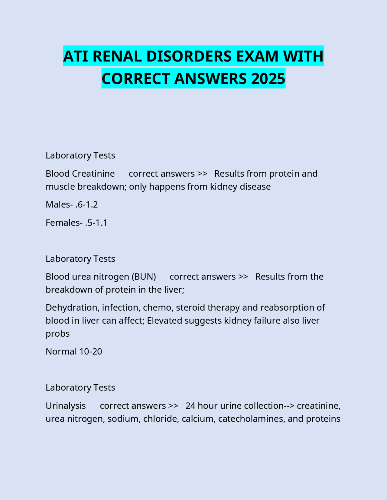 ATI RENAL DISORDERS EXAM WITH CORRECT ANSWERS 2025 | Exams Nursing ...