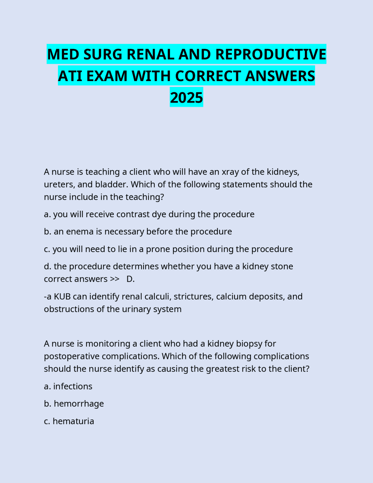 MED SURG RENAL AND REPRODUCTIVE ATI EXAM WITH CORRECT ANSWERS 2025 ...