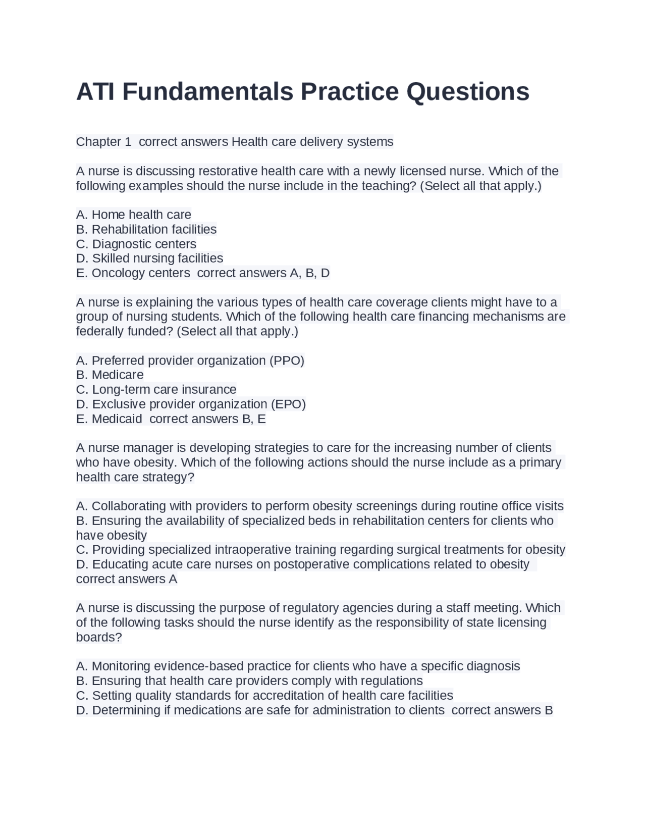 ATI Fundamentals Practice Questions | Exams Nursing | Docsity