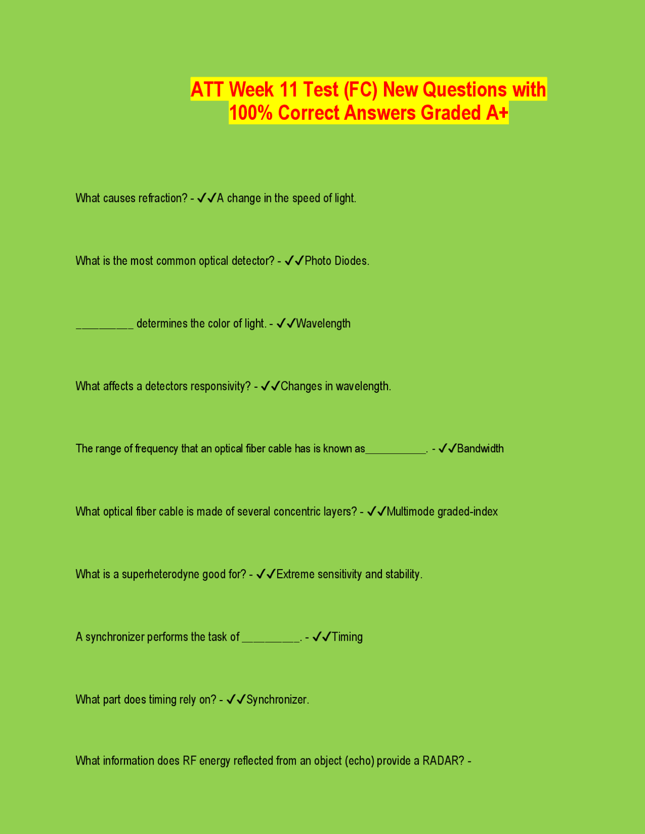 ATT Week 11 Test (FC) New Questions with 100% Correct Answers Graded A+ ...