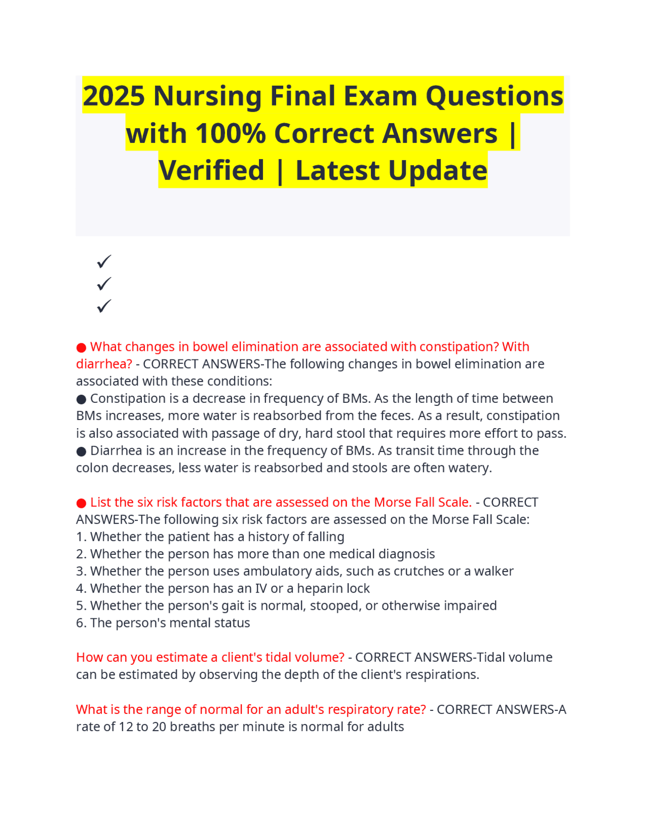 2025 Nursing Final Exam Questions with 100% Correct Answers | Verified ...