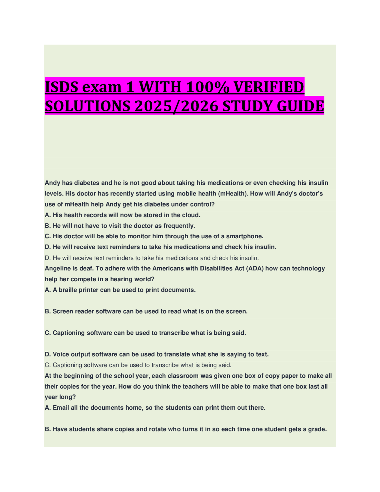 ISDS exam 1 WITH 100% VERIFIED SOLUTIONS 2025/2026 STUDY GUIDE | Exams ...